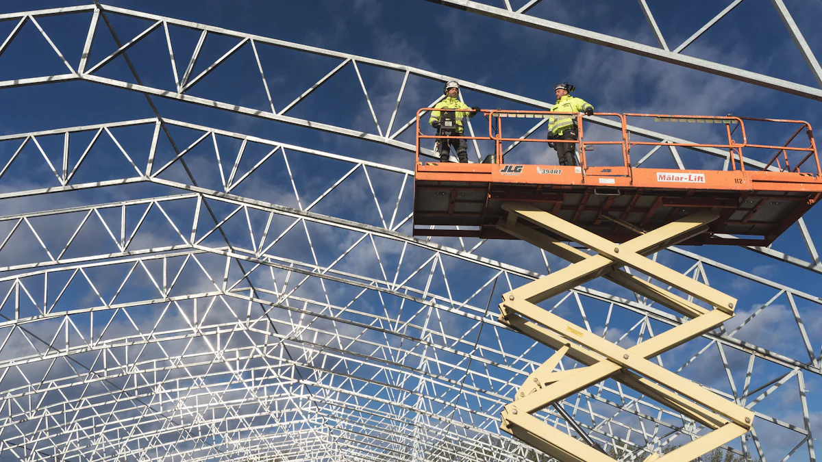 Two engineers on a raised platform inspecting a white steel space frame against a blue sky.